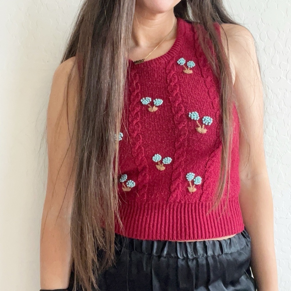 Vintage Boho Cottagecore Red Dainty Floral Embroidered Cable Knit Sweater